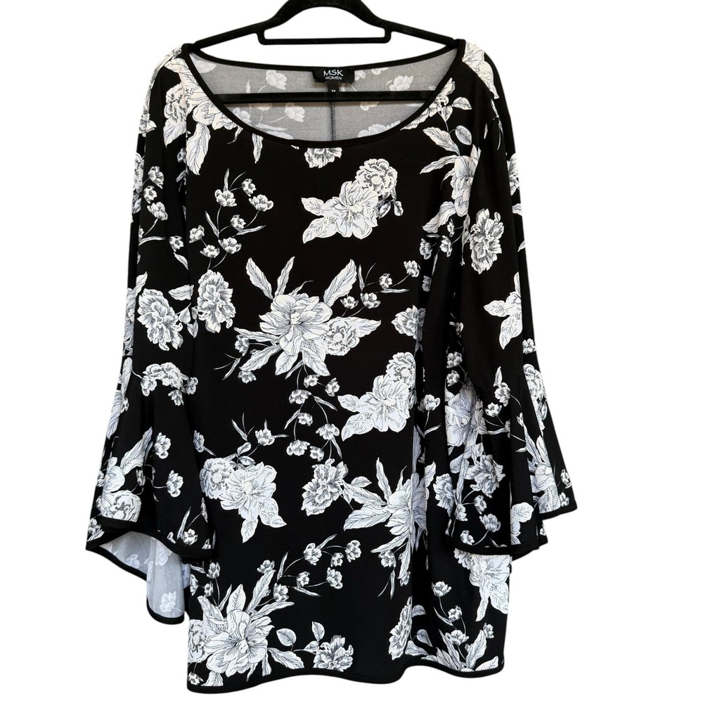 MSK Blouse Womens 3X Black White Floral Bell Sleeve Tunic Top Plus Boho